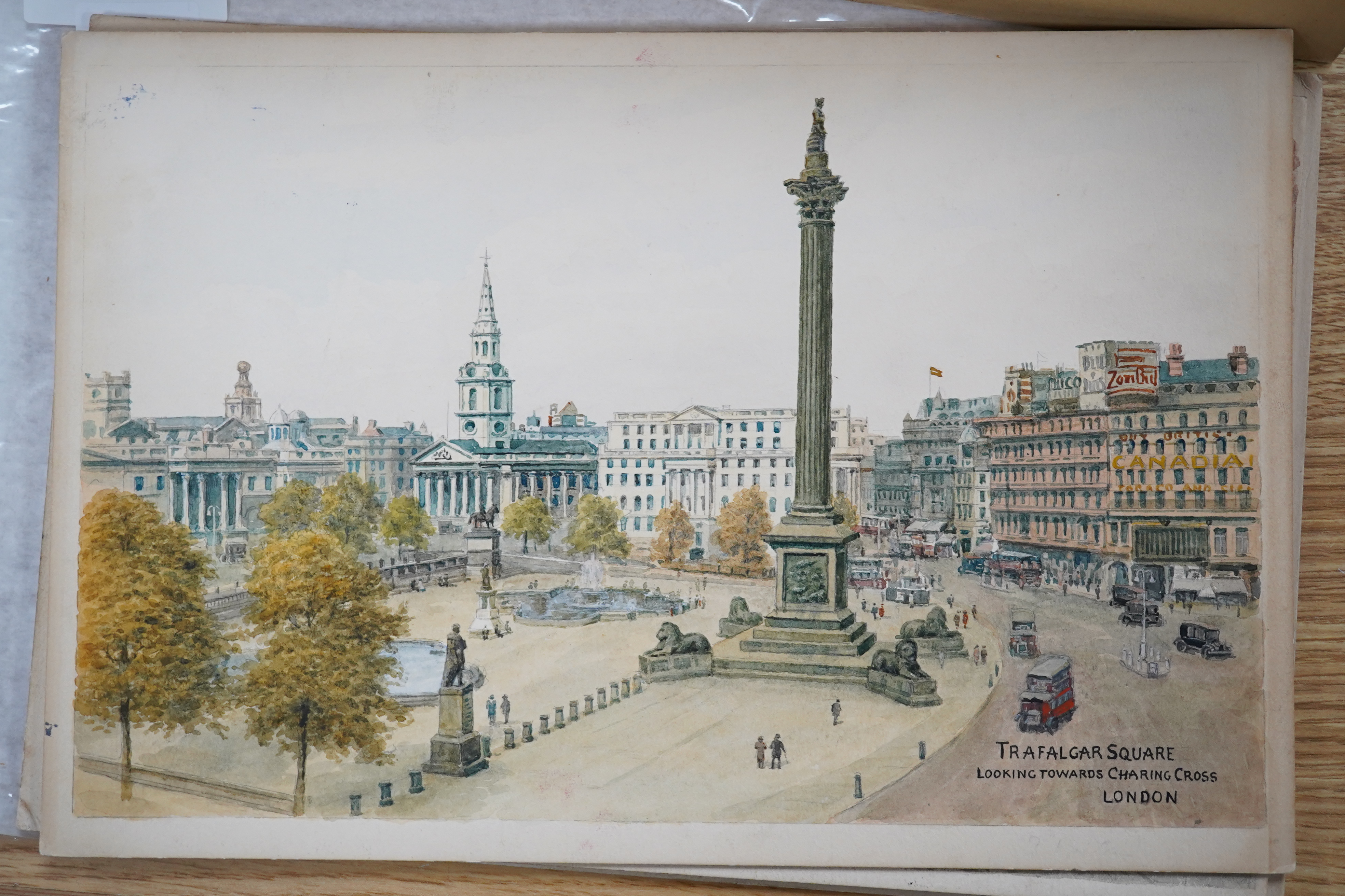 Alfred Robert Quinton (1853-1934), four original watercolours for postcards, London and Windsor views comprising Piccadilly Circus, Trafalgar Square, Guards Band at Windsor and The Tower, two monogrammed, 20 x 30cm, unfr